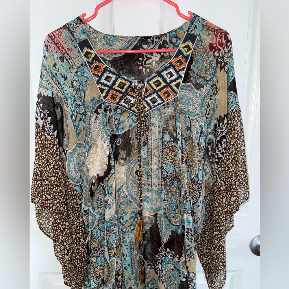 Graphic Blue and Brown Bell Sleeve Tunic - Picture 3 of 4